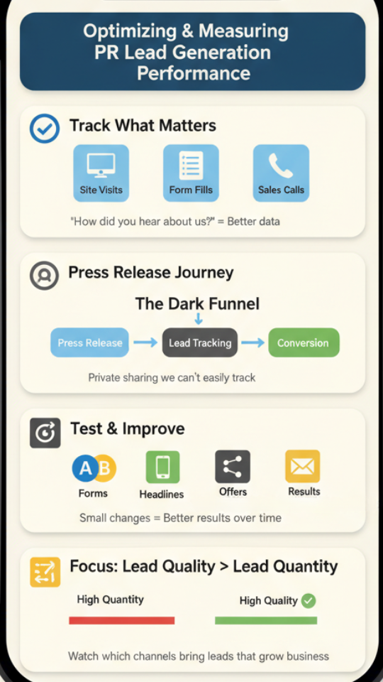 Best practices for PR lead gen infographic showing tracking metrics, press release journey, testing methods, and lead quality