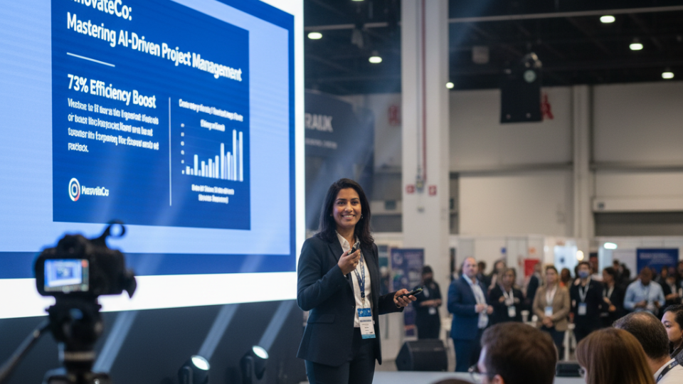 Best practices for PR lead gen presentation at conference showing AI-driven project management efficiency results
