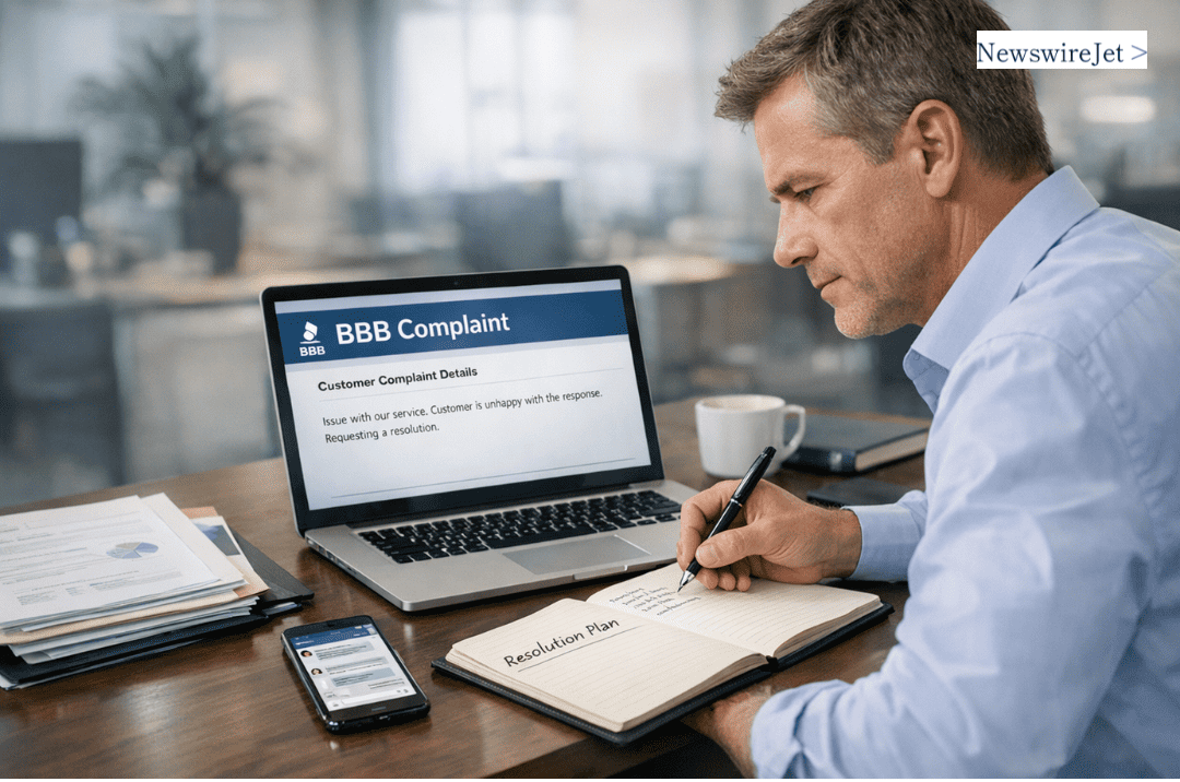 Business owner writing a resolution plan while researching how to remove a BBB complaint online.