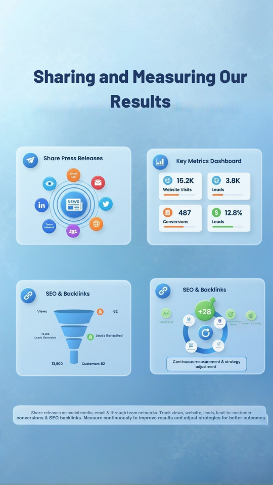 Infographic dashboard explaining why PR is part of lead gen through social sharing, metrics tracking, and SEO backlinks