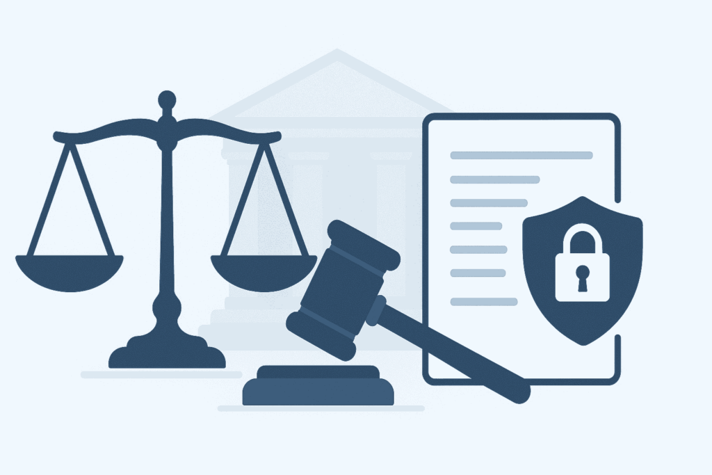 Visual representation of the legal framework, privacy rights, and security measures involved in online reputation preservation during litigation.