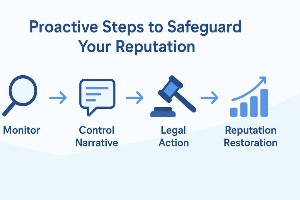 Illustration depicting the key stages of online reputation management - from vigilant monitoring to successful restoration - in the context of legal disputes