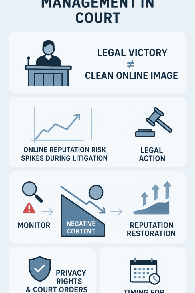 Infographic covering legal strategies, reputation risks, and restoration measures.