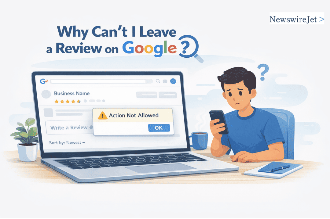 Illustration depicting the frustration of being unable to leave a review on Google, with a laptop and smartphone visible.