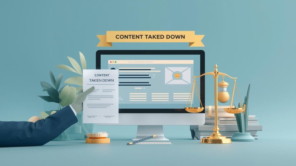 A computer monitor displaying a web page with redacted lines and a "Content Taken Down" banner, accompanied by a hand holding a takedown notice and golden scales of justice.
