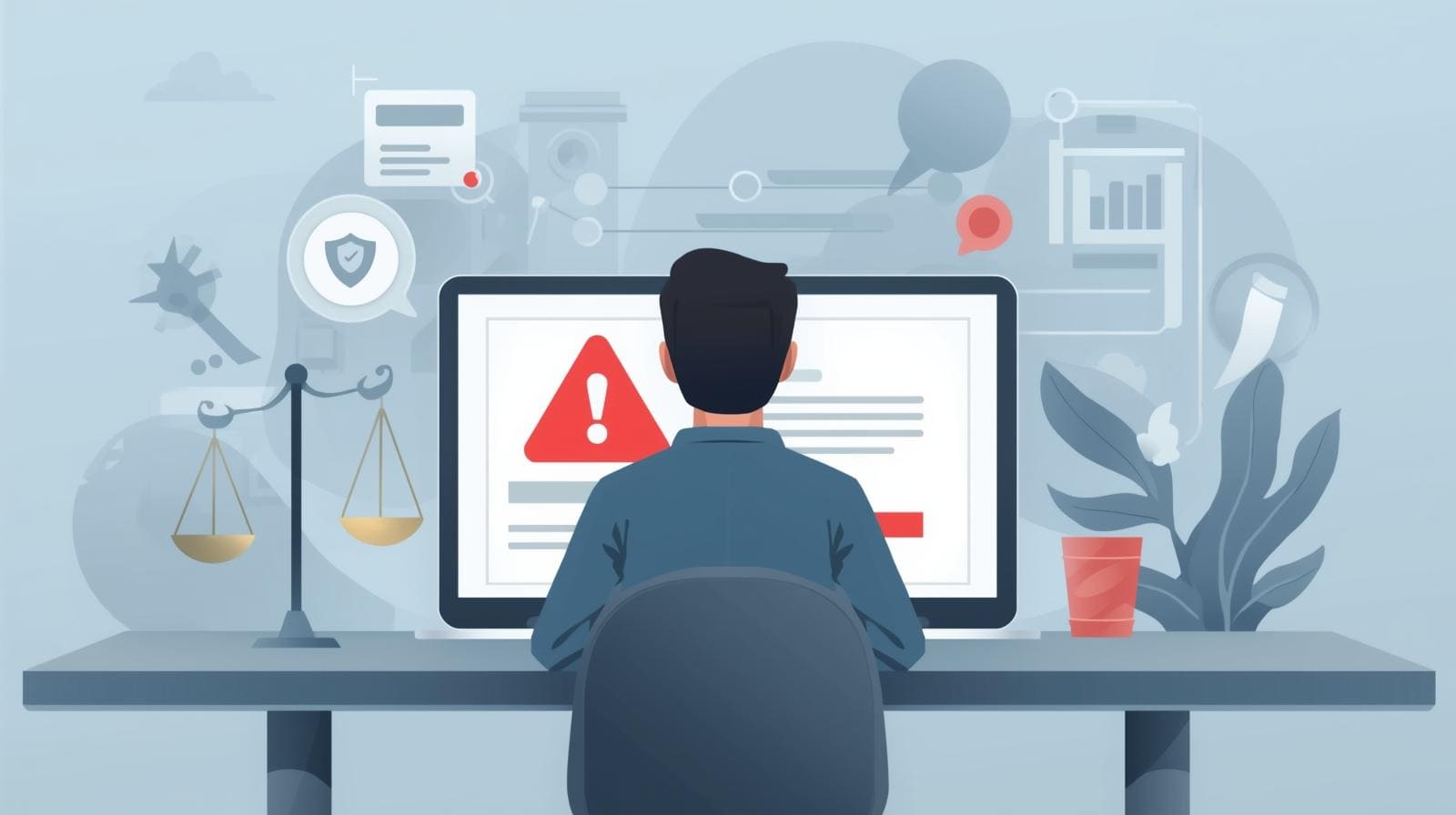 An illustration of a person sitting at a desk facing a computer monitor that displays a large red warning triangle, surrounded by faint icons of justice scales and security shields.