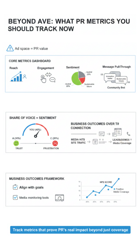 Infographic showcasing a data-driven PR measurement framework that goes beyond AVE, focusing on outcomes like business impact and customer sentiment.
