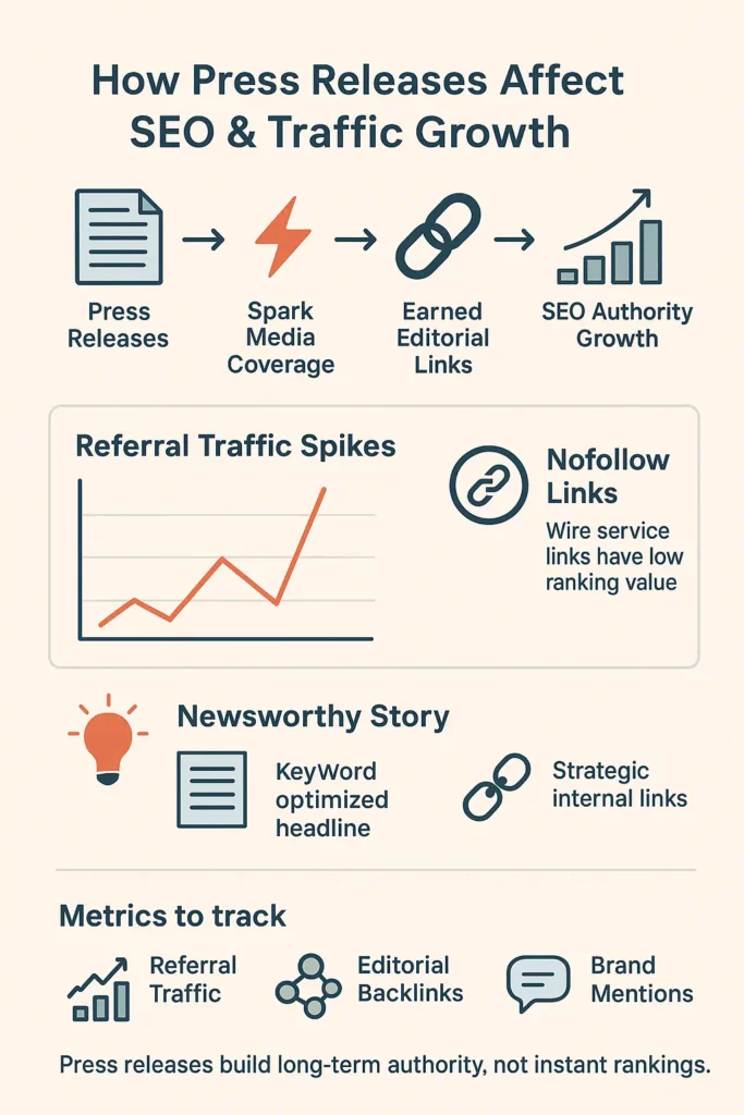 Infographic illustrating how press releases affect SEO by highlighting the impact on referral traffic, editorial links, and long-term authority growth.
