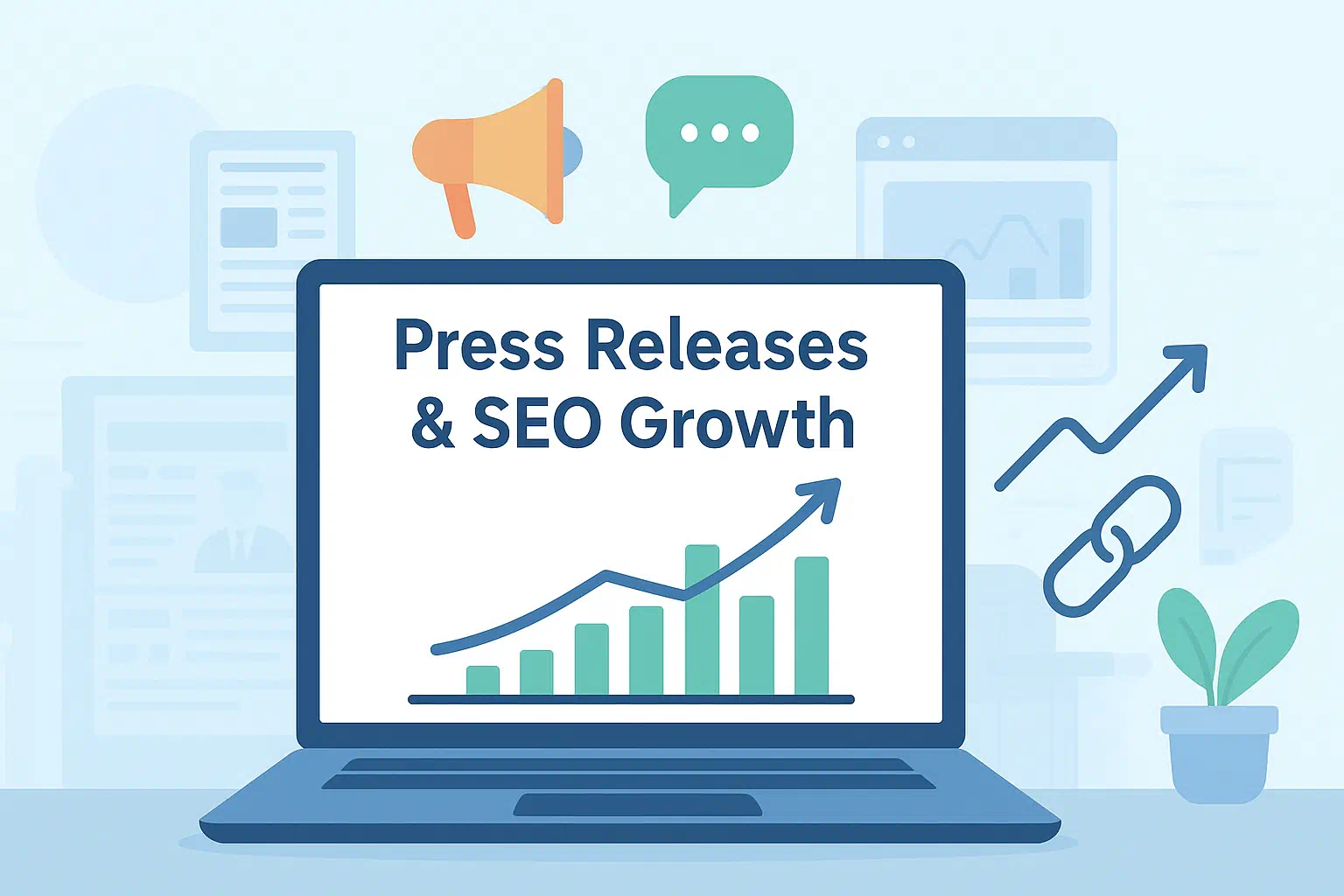 Laptop displaying graph showing SEO growth, surrounded by press release and communication icons.