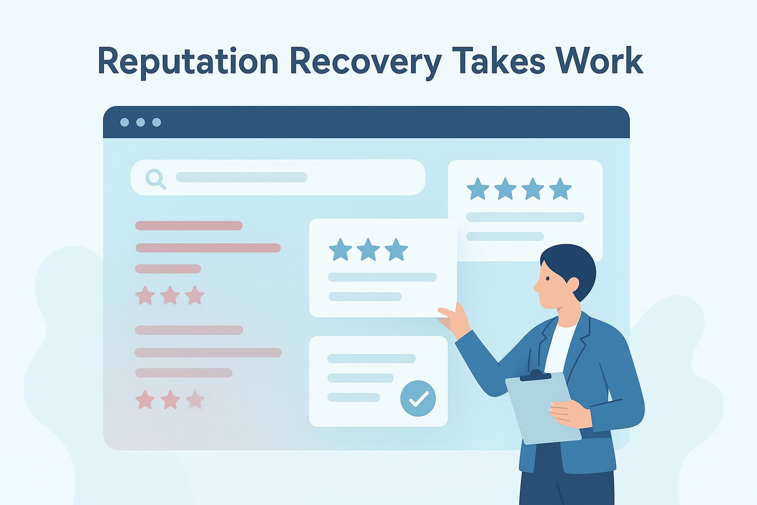 A professional analyzing website reviews and ratings to improve brand image and customer trust.