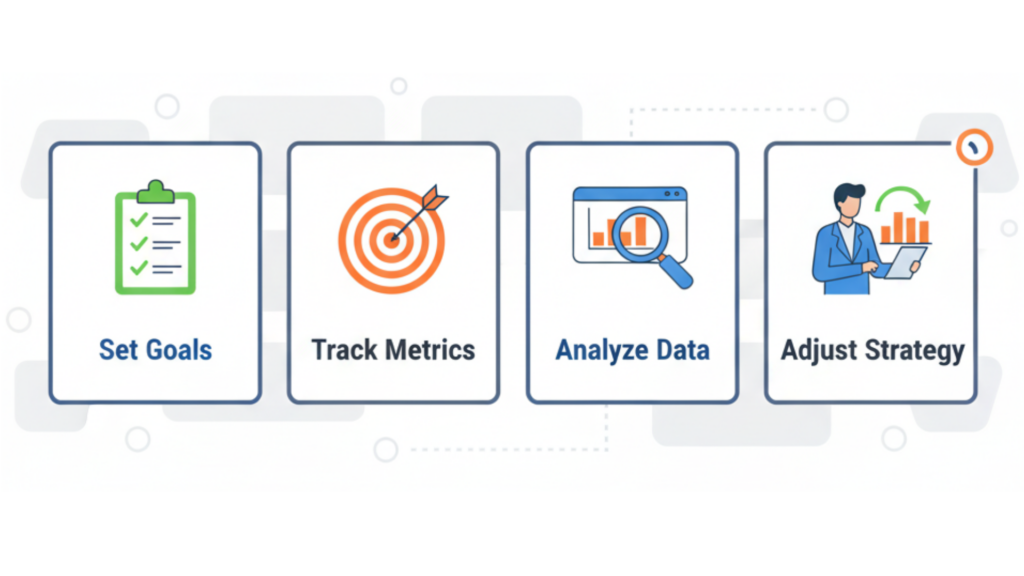 Graphical representation of the cyclical process of goal-setting, metric tracking, data analysis, and strategy refinement in effective marketing campaigns.