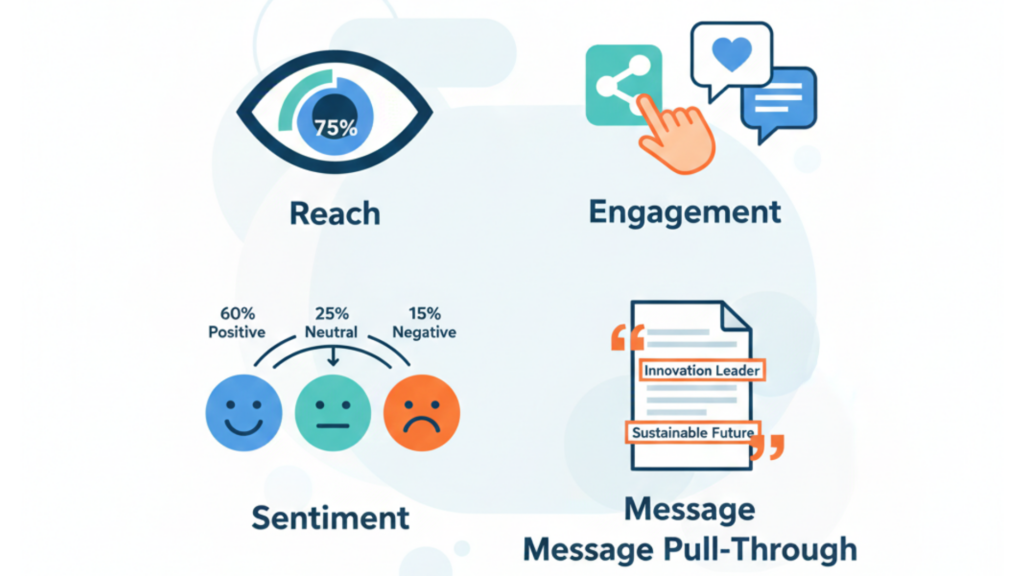 Infographic illustrating key PR metrics like reach, engagement, sentiment, and message effectiveness for evaluating marketing campaigns.