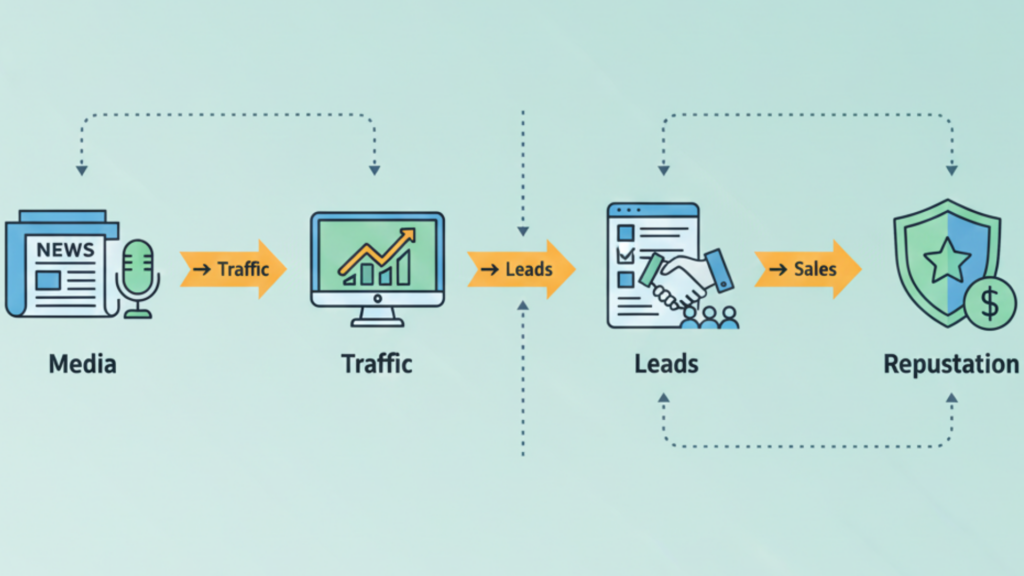 Infographic depicting the marketing funnel stages from media exposure to sales, highlighting important PR performance indicators.