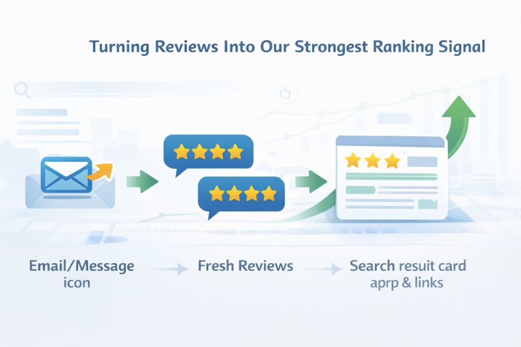 Illustration showcasing how customer reviews can positively impact online search ranking and visibility.