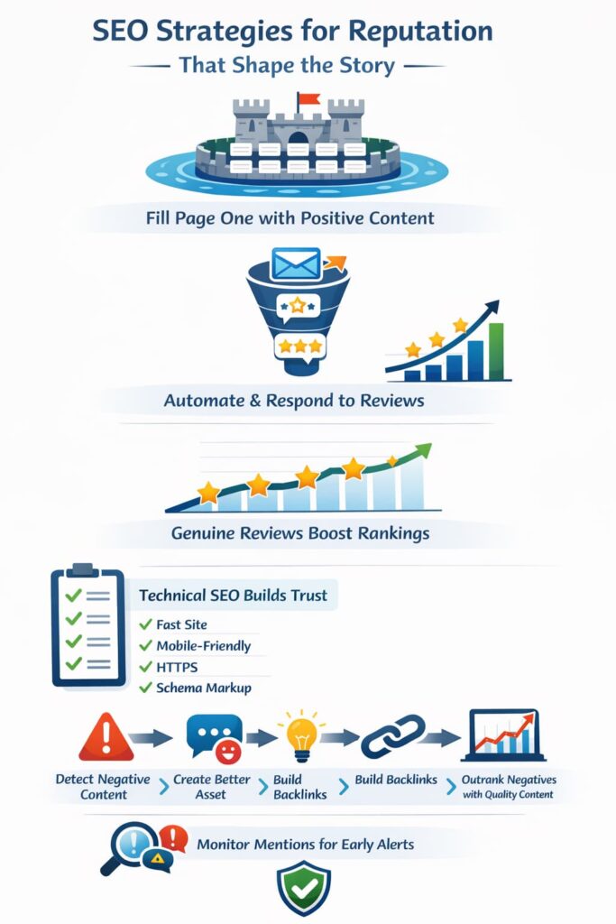 Infographic demonstrating a multifaceted strategy to shape the online narrative and drive positive business outcomes.