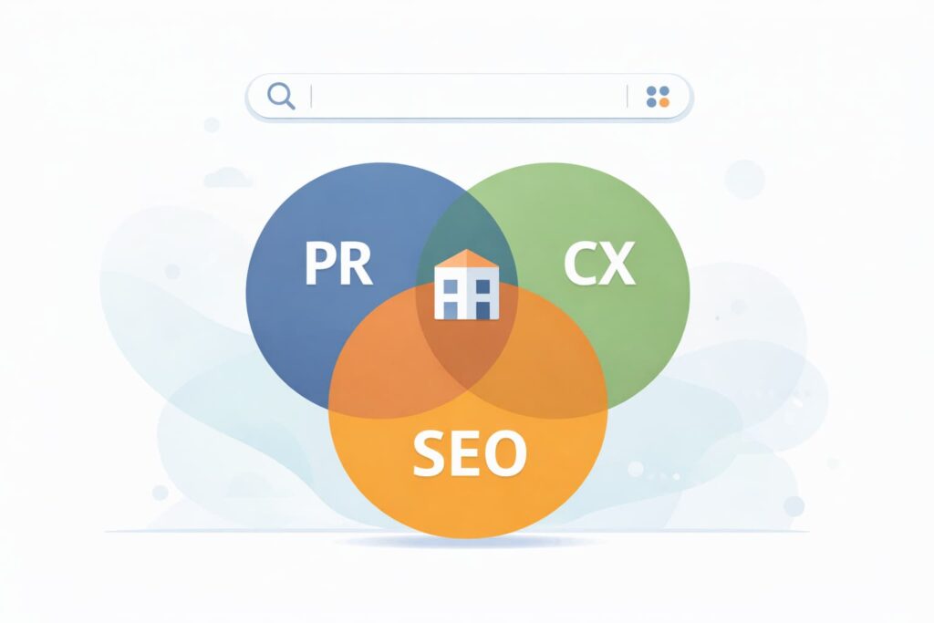 Graphic highlighting the interdependence of PR, CX, and SEO in building a comprehensive online presence and managing brand reputation.
