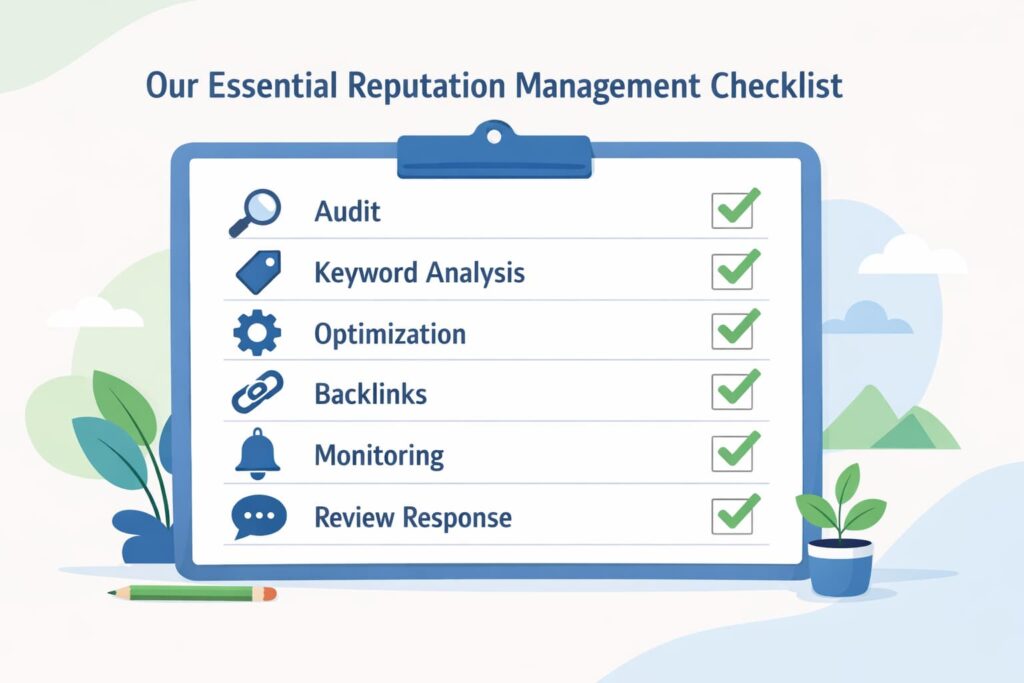 Illustrated guide outlining essential reputation management practices, from keyword analysis to review response, for strengthening a brand's digital presence.