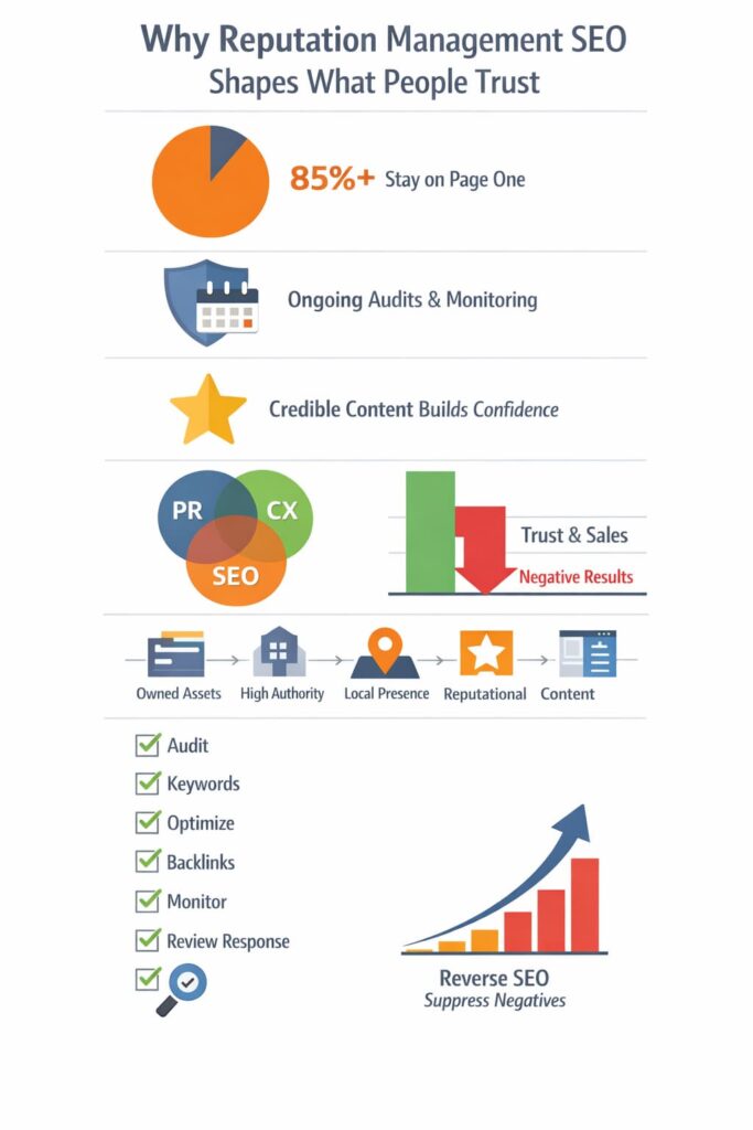 Visual guide demonstrating the synergistic relationship between reputation management and search engine optimization in building brand credibility.