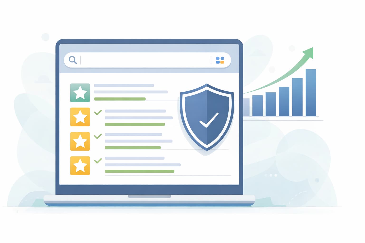 Illustration highlighting how online reviews, security badges, and search performance data contribute to a brand's digital credibility.