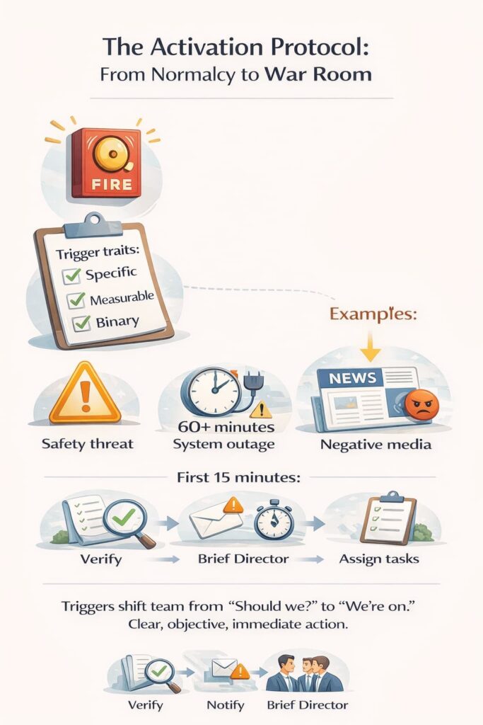 Visual guide on crisis team composition & activation illustrating steps from threat identification to team task assignment.