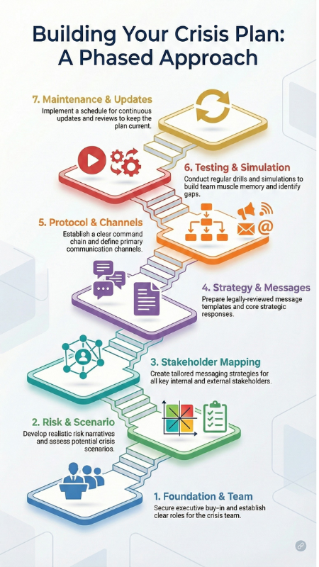 Defining & creating crisis communication plan infographic showing 7-phase approach from foundation to updates