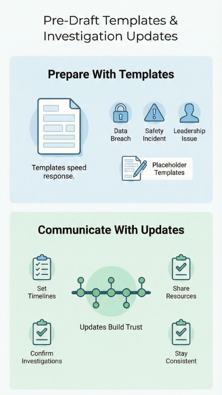 Crafting Crisis Statements & Releases infographic: pre-draft templates and investigation update strategies
