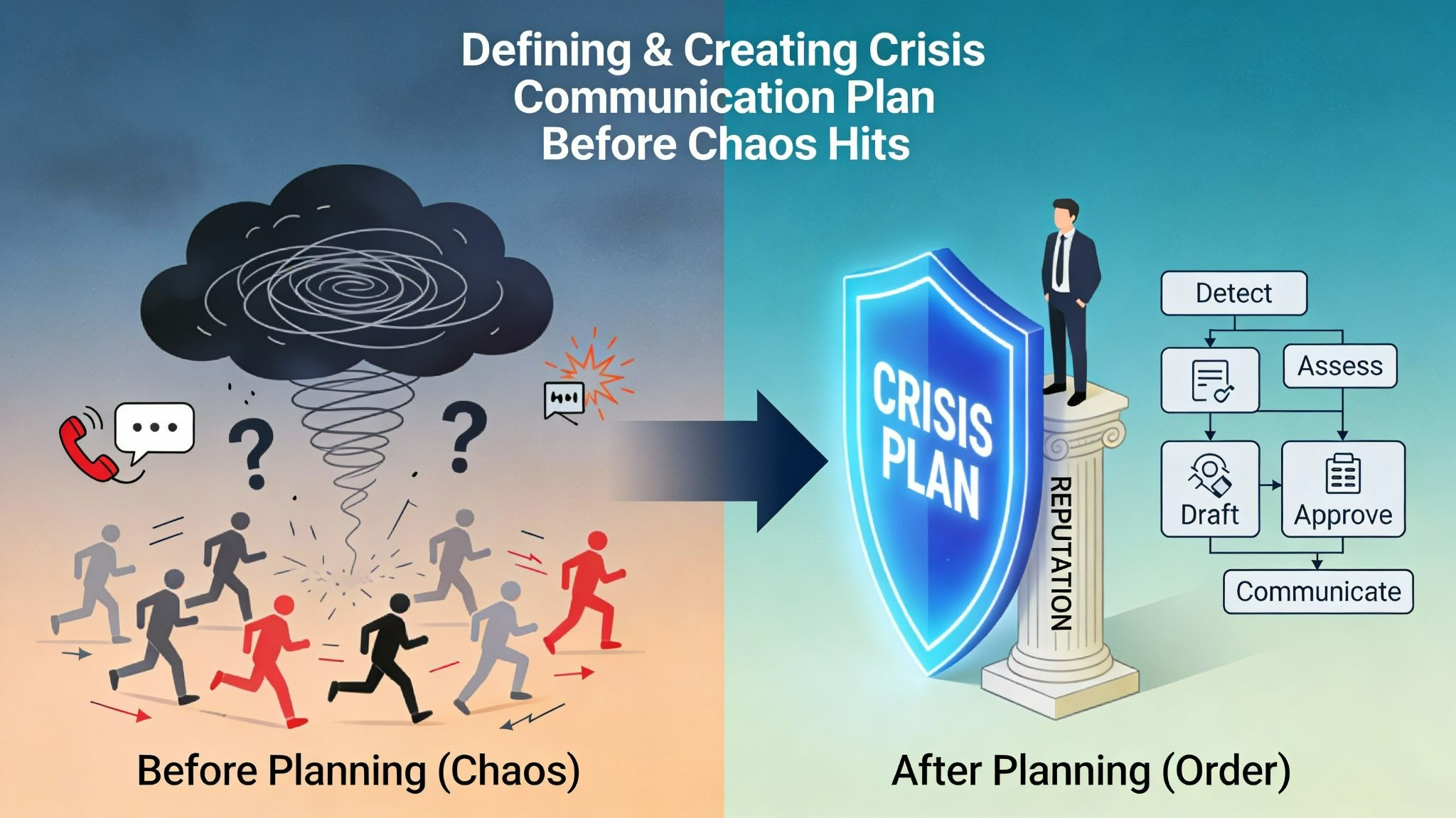 Defining & creating crisis communication plan before chaos hits transforms disorder into organized response