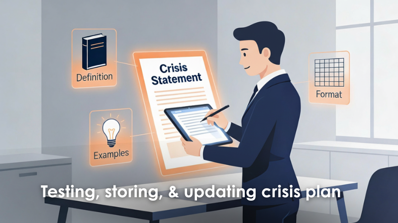 Crisis statement definition, examples & format guide showing components on digital tablet with business professional