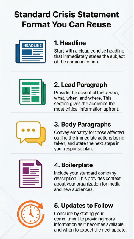 Crisis statement definition, examples & format infographic showing 5-part structure from headline to updates