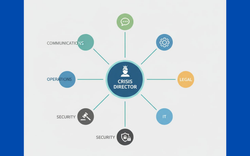 Diagram showing crisis team composition & activation centered around a crisis director with key functions.