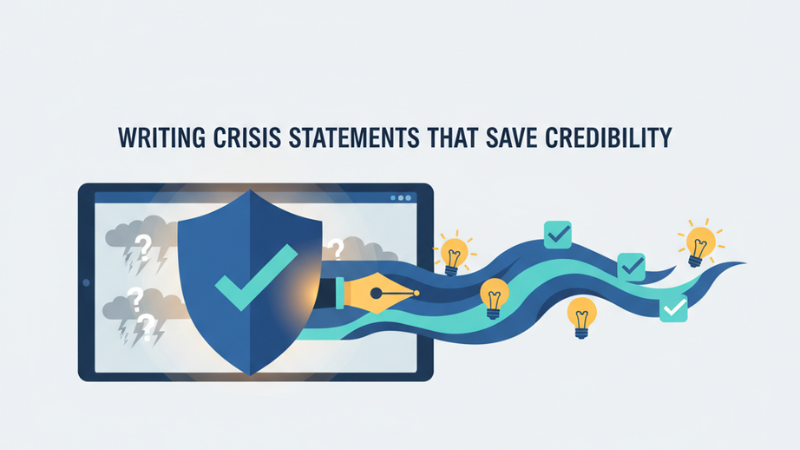 Writing crisis statements that save credibility: shield protecting communication with lightbulbs and checkmarks