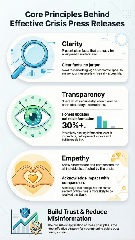 Writing crisis statements infographic: core principles of clarity, transparency, and empathy for effective releases