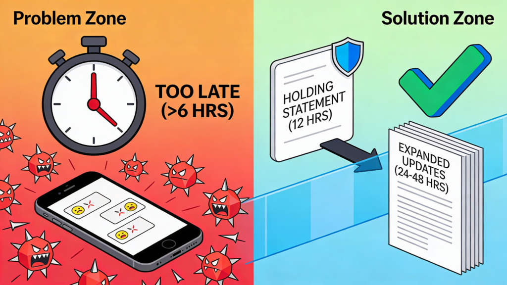 Writing crisis statements comparison: delayed response problem zone versus timely holding statement solution