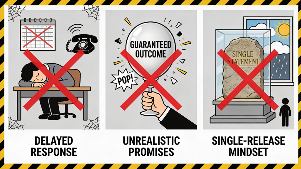 Writing crisis statements mistakes to avoid: delayed response, unrealistic promises, and single-release mindset