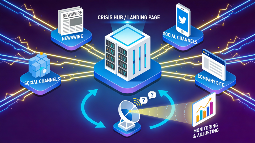 Writing crisis statements distribution: crisis hub landing page connecting newswire, social, and company channels