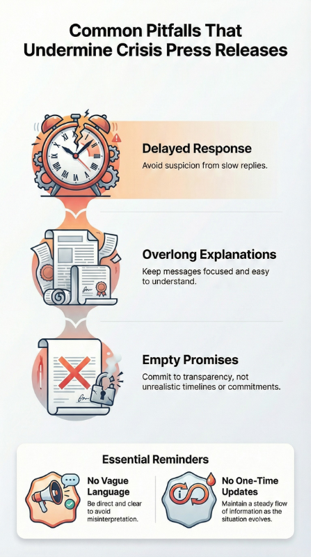 Crisis communication press release pitfalls: delayed response, overlong explanations, and empty promises