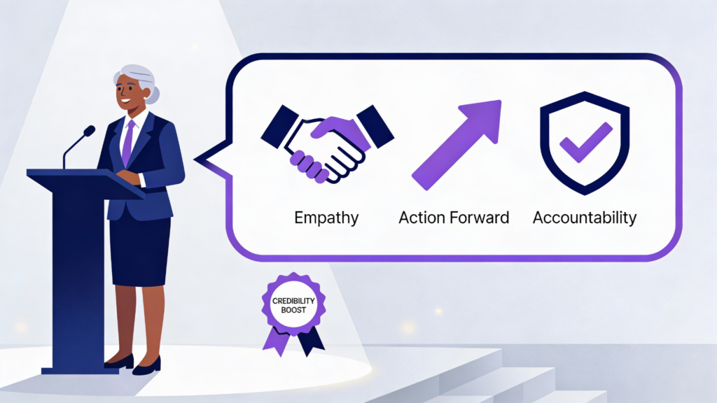 Crisis communication press release spokesperson presenting empathy, action forward, and accountability approach