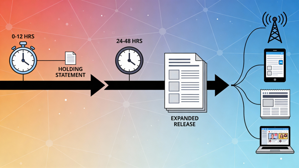 Crisis communication press release timeline: holding statement at 0-12 hours, expanded release at 24-48 hours