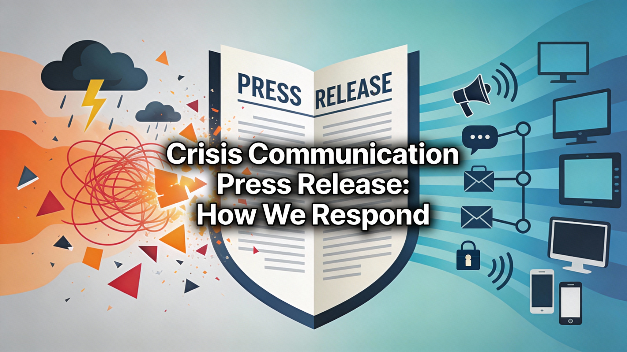 Crisis communication press release shield protecting against chaos while distributing to multiple channels