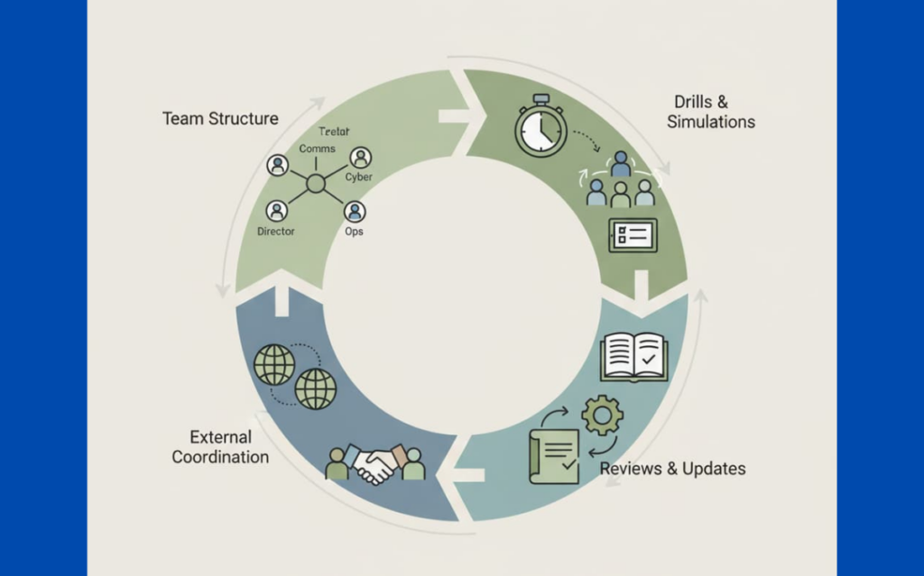 Graphic showing crisis team composition & activation through a cycle of team structure, drills, and updates.