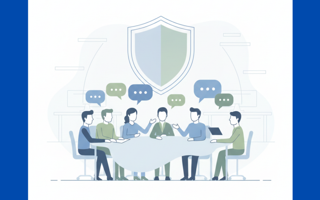 Illustration of a meeting with dialogue bubbles, emphasizing the importance of pre-crisis internal communication.