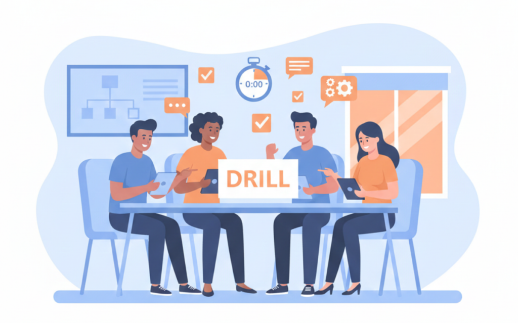 Illustration of a group discussing a drill, highlighting pre-crisis internal communication strategies in action.