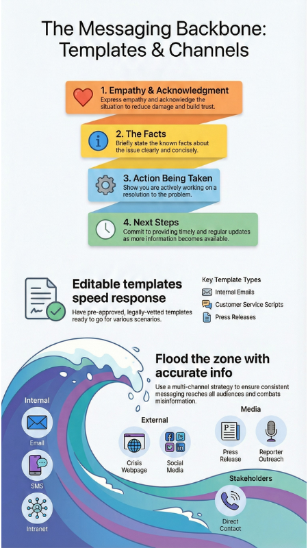Developing a Crisis Comms Plan infographic showing messaging backbone with templates and communication channels