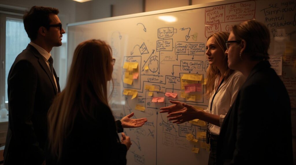 Professionals discussing legal implications & review in crisis communications workflow on whiteboard with sticky notes