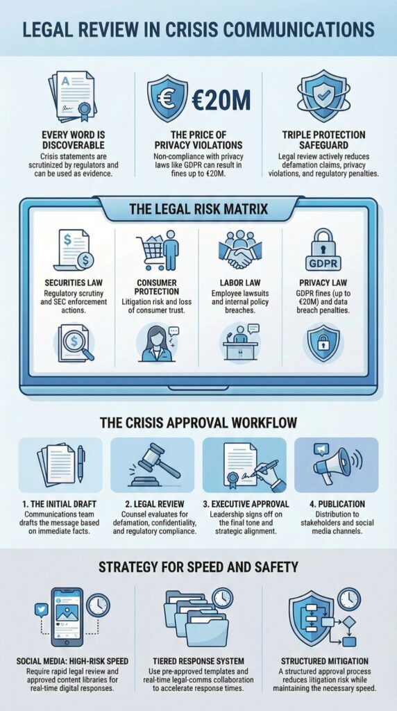 Infographic on legal implications & review in crisis communications showing risk matrix and approval workflow steps