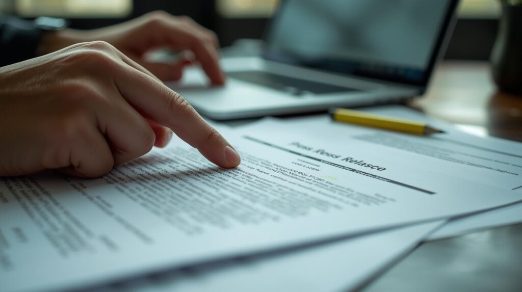 Professional reviewing press release document demonstrating legal and PR collaboration in crisis communications
