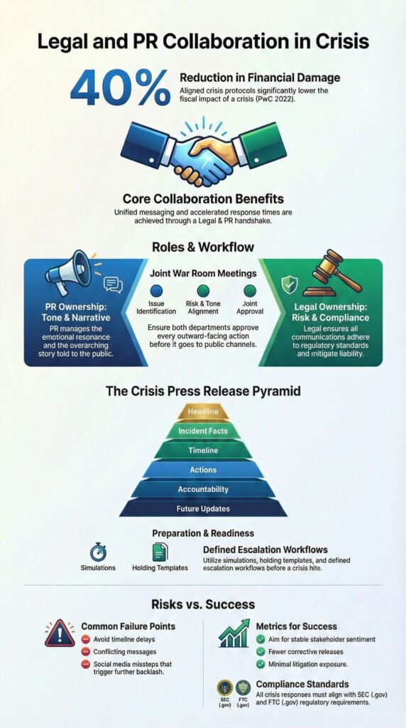 Infographic on legal and PR collaboration in crisis showing roles, workflow, press release pyramid, and compliance