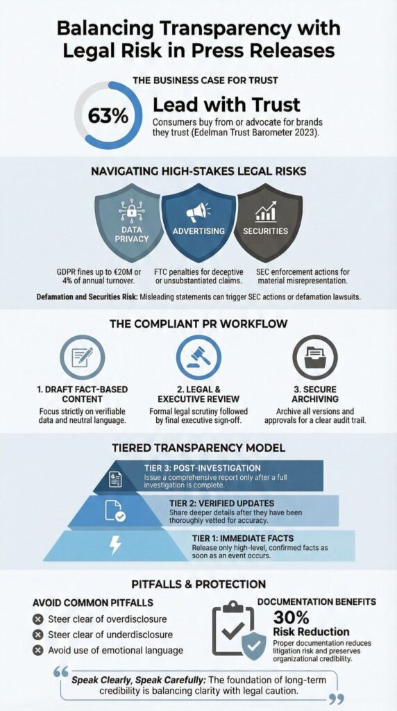 Infographic on balancing transparency with legal risk showing compliance workflow and tiered transparency model