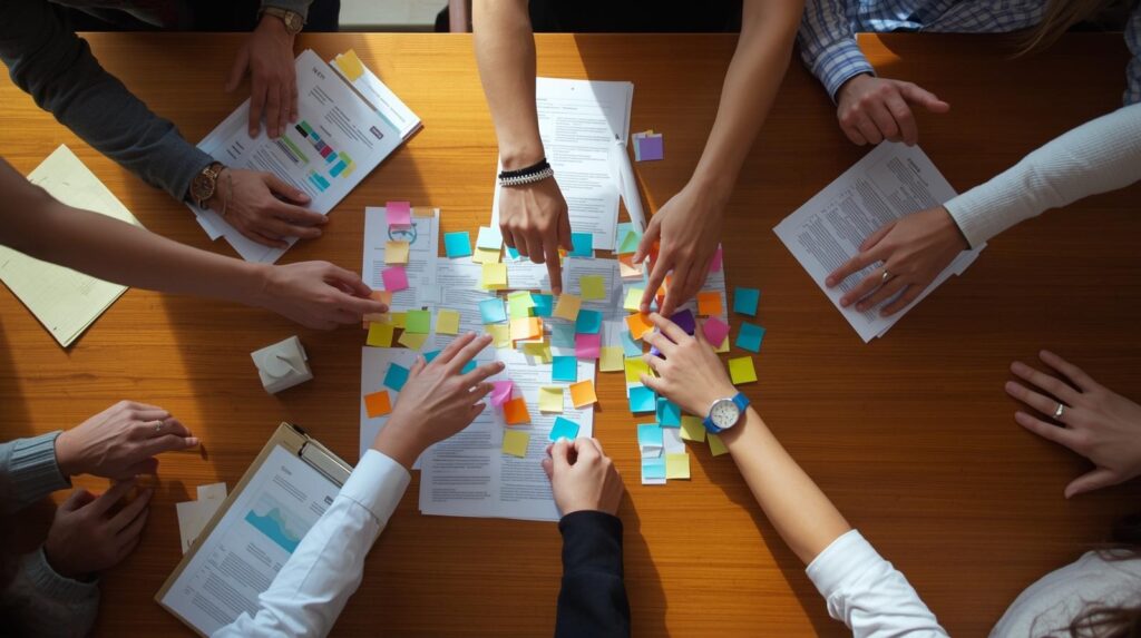 Team collaborating with sticky notes on balancing transparency with legal risk in press release planning
