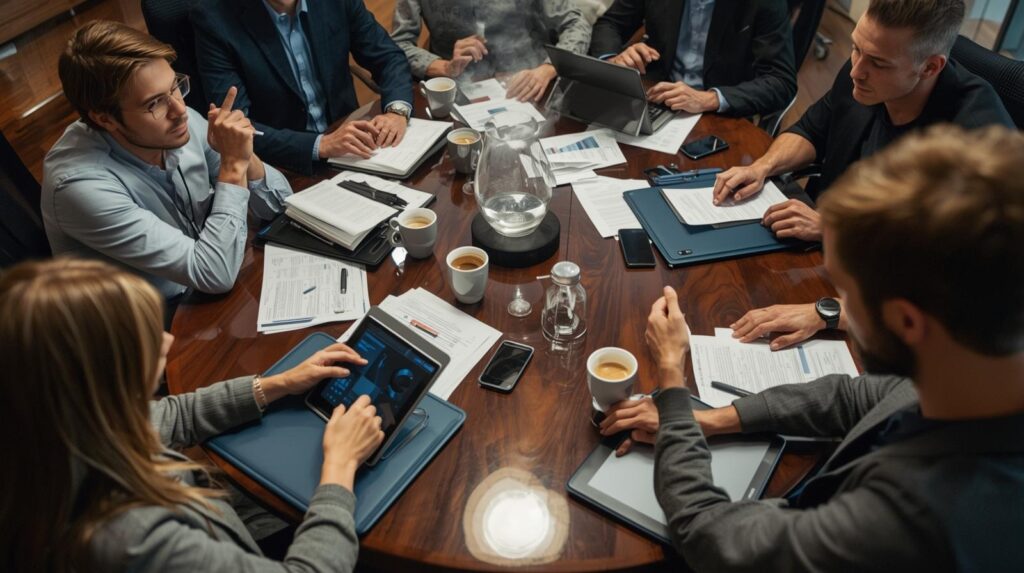 Business meeting discussing strategies for balancing transparency with legal risk in corporate communications